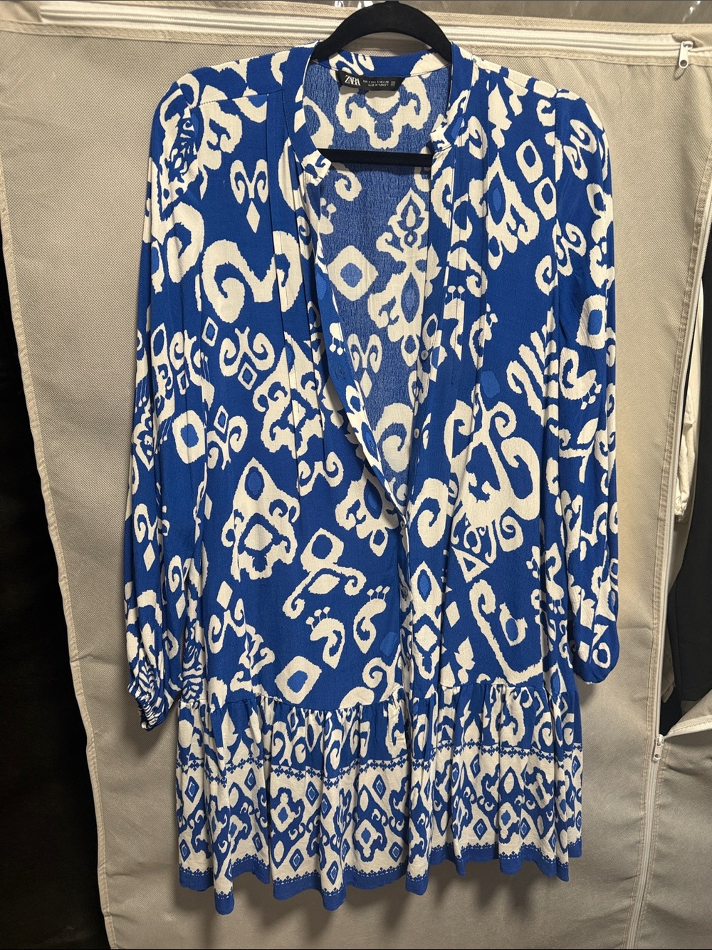 Zara Blue and White Print Long-Sleeve Tiered Dress